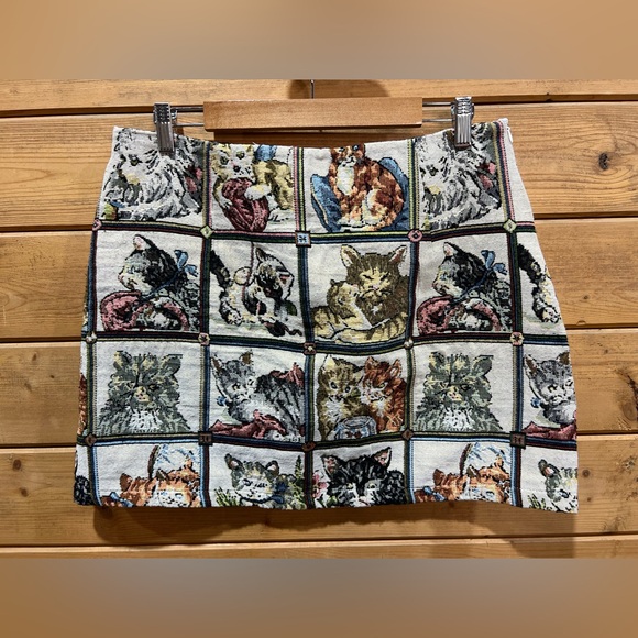 Cat Tapestry Mini Skirt XL Vintage Style Woven Novelty Kitten Print - Picture 2 of 9